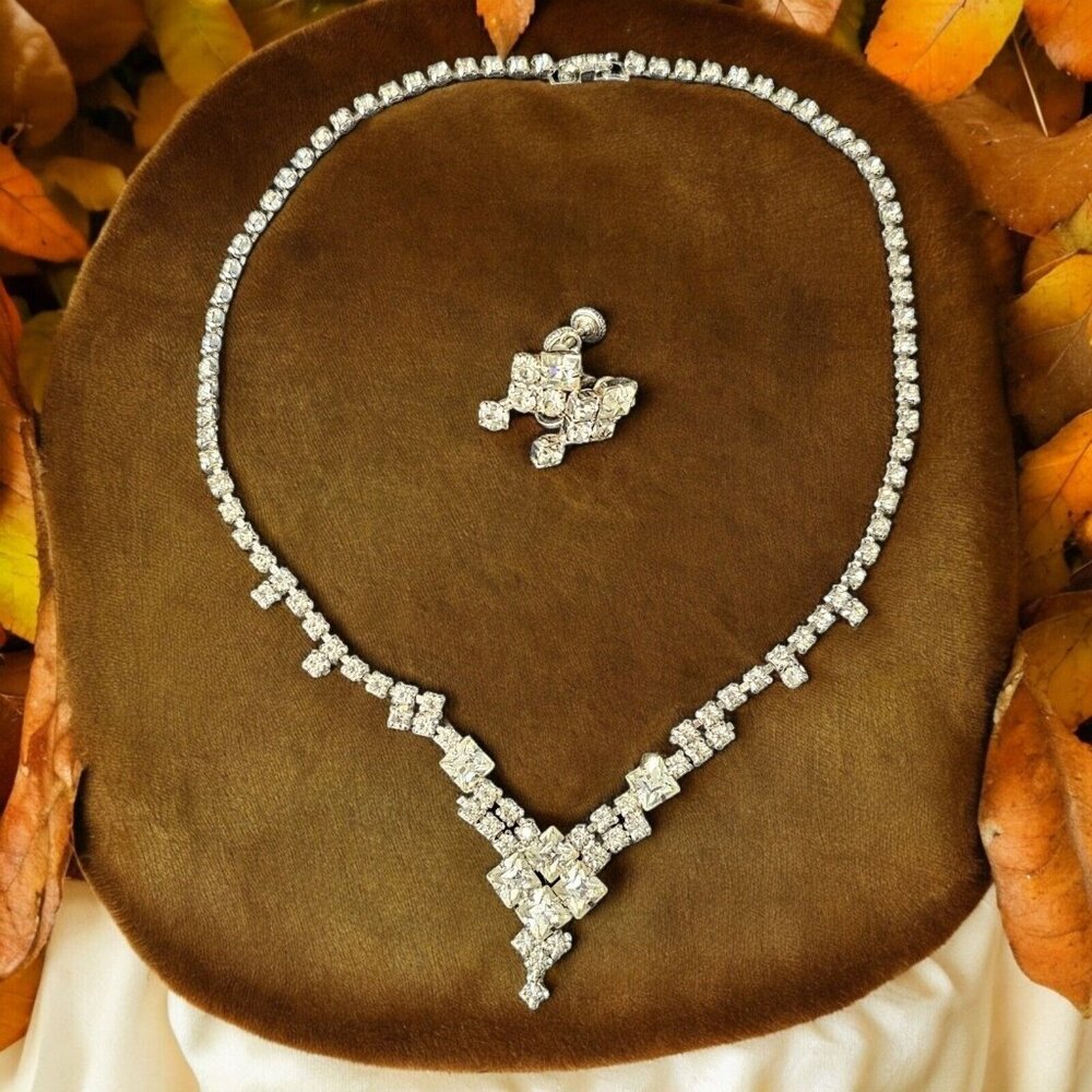 1950s Rhinestone Choker Necklace Earring Set Screwback‎ Art Deco Formal Wedding